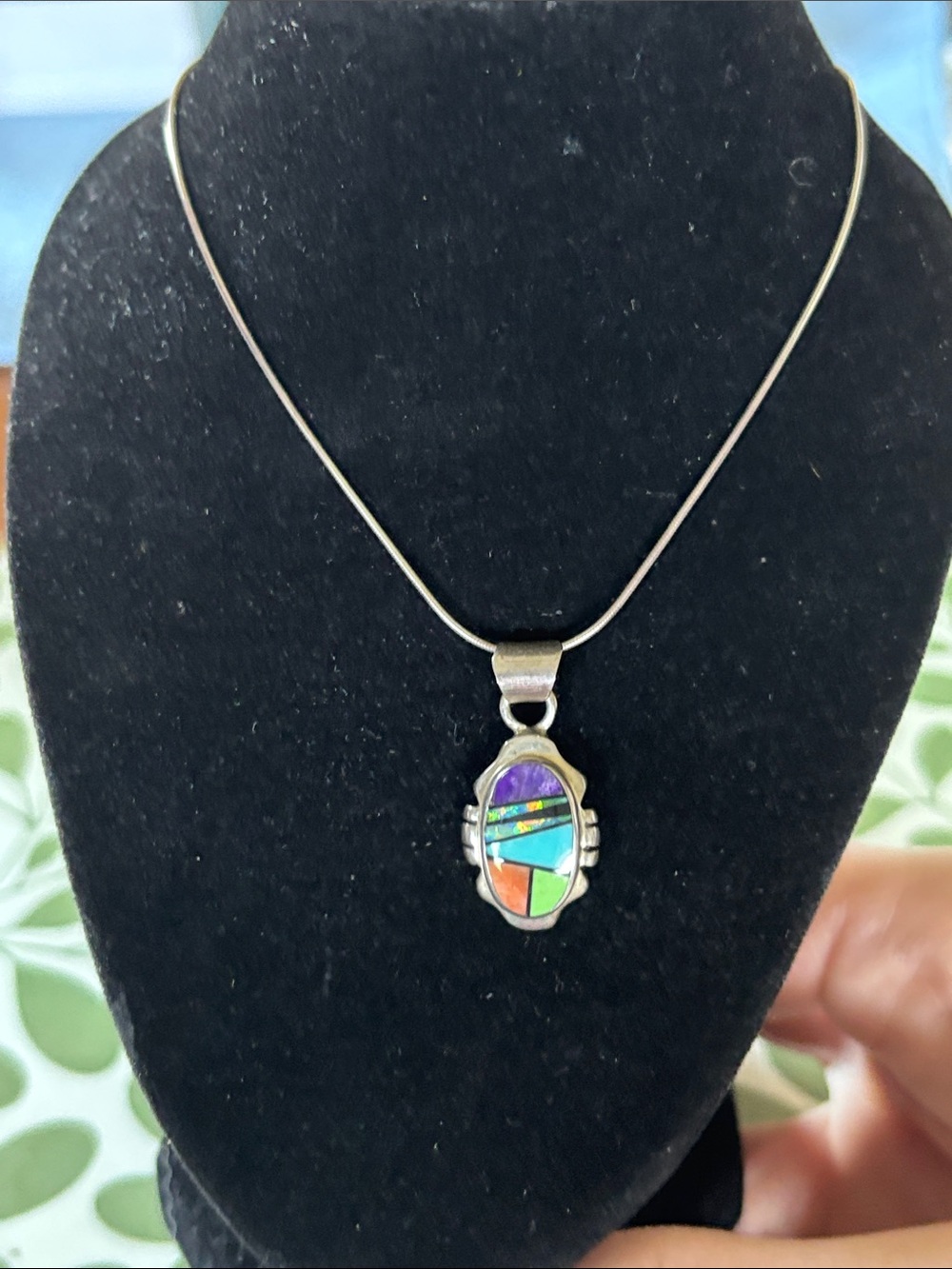 Sterling Silver and Native American Multicolor Inlay Oval Pendant Necklace